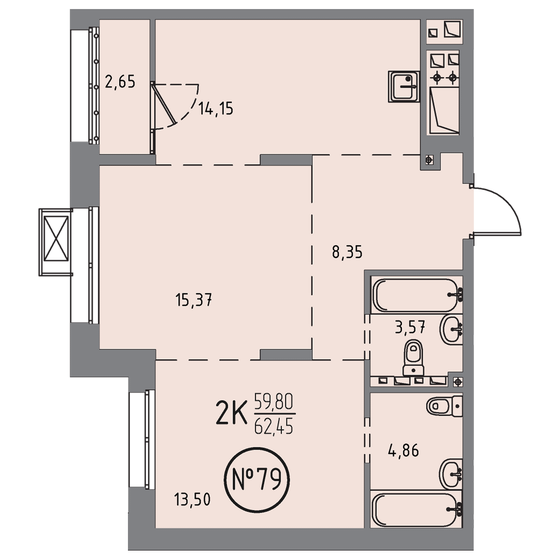 62,5 м², 2-комнатная квартира 11 084 875 ₽ - изображение 1