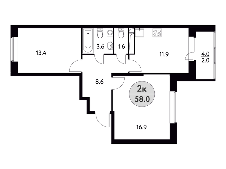 58 м², 2-комнатная квартира 7 225 785 ₽ - изображение 1