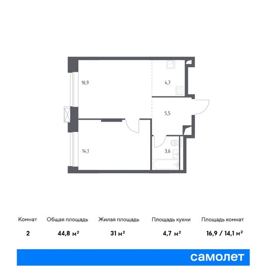 44,8 м², 1-комнатные апартаменты 18 444 474 ₽ - изображение 1