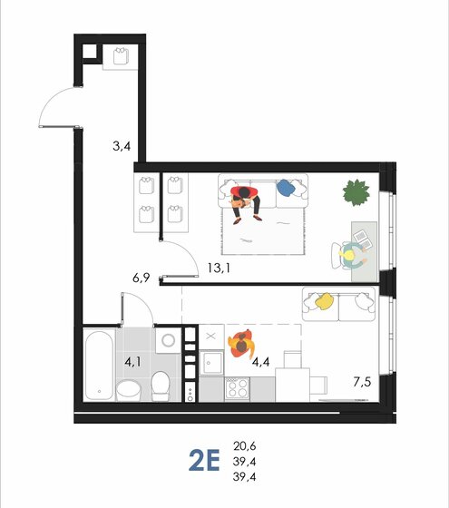 39,4 м², 2-комнатная квартира 4 018 800 ₽ - изображение 1