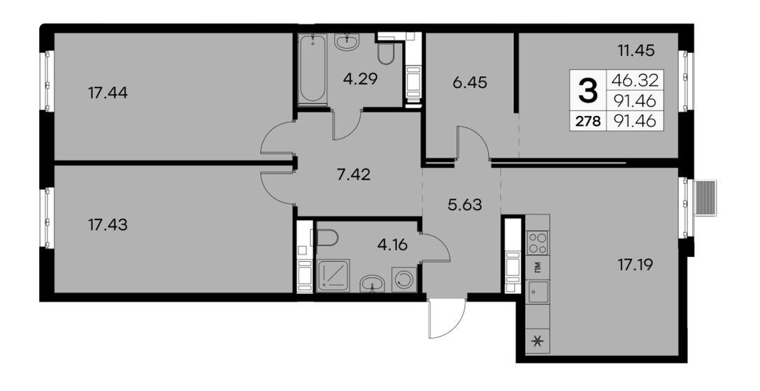 91,5 м², 3-комнатная квартира 15 250 000 ₽ - изображение 1