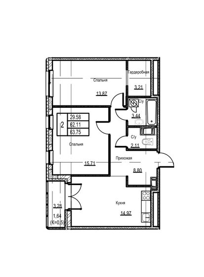63,8 м², 2-комнатная квартира 6 350 000 ₽ - изображение 1