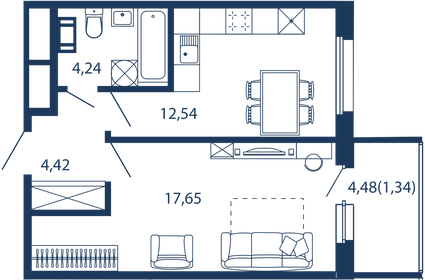 Квартира 40,2 м², 1-комнатные - изображение 1
