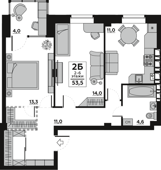 53,5 м², 2-комнатная квартира 6 400 000 ₽ - изображение 1