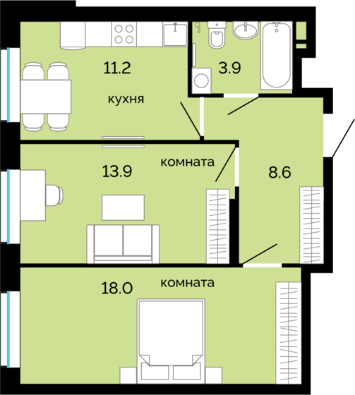 55,6 м², 2-комнатная квартира 6 560 000 ₽ - изображение 1