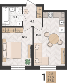 Квартира 37,6 м², 1-комнатная - изображение 1