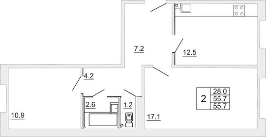 Квартира 55,7 м², 2-комнатная - изображение 1