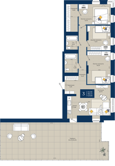123,7 м², 3-комнатная квартира 39 200 220 ₽ - изображение 1