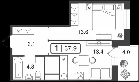 Квартира 37 м², 1-комнатная - изображение 1