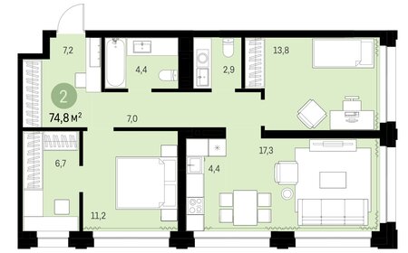 Квартира 74,8 м², 2-комнатная - изображение 1