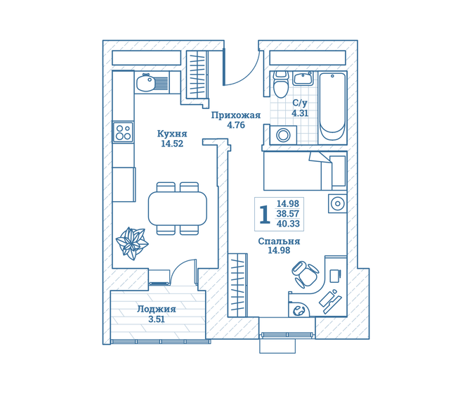 40,3 м², 1-комнатная квартира 4 637 950 ₽ - изображение 1