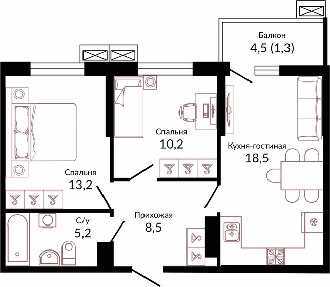56,9 м², 2-комнатная квартира 7 448 210 ₽ - изображение 1