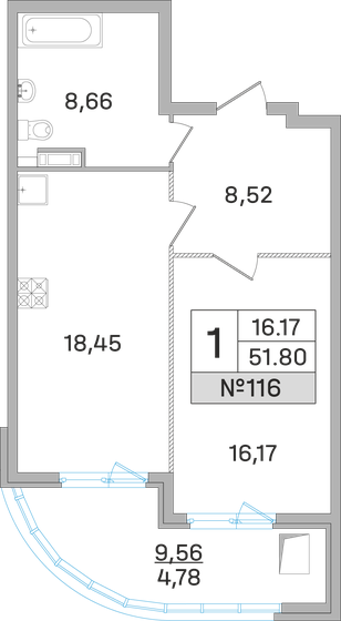 51,8 м², 1-комнатная квартира 9 852 000 ₽ - изображение 1