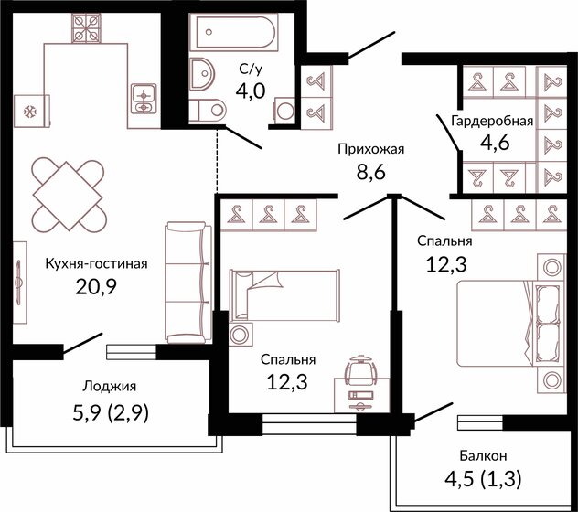 66,9 м², 2-комнатная квартира 9 024 810 ₽ - изображение 1