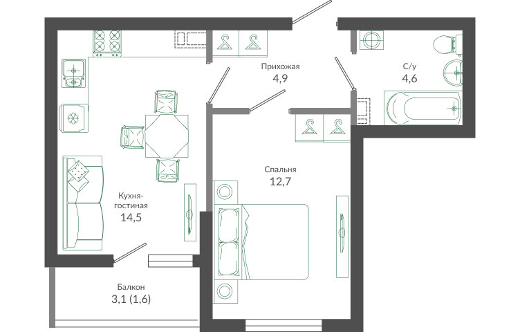 38,3 м², 1-комнатная квартира 16 392 480 ₽ - изображение 1