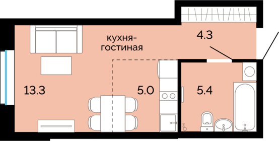 Квартира 28 м², студия - изображение 1