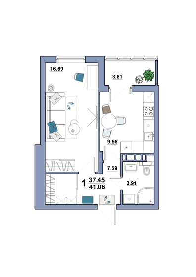 41,1 м², 1-комнатная квартира 3 541 160 ₽ - изображение 1