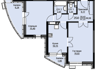 Квартира 59,6 м², 2-комнатная - изображение 1