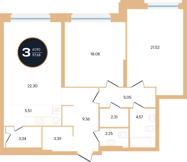 97,7 м², 3-комнатная квартира 23 931 600 ₽ - изображение 1