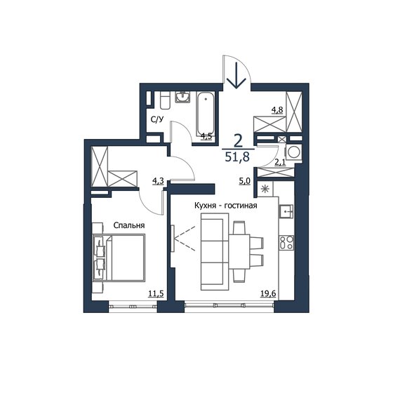 51,8 м², 2-комнатная квартира 8 495 200 ₽ - изображение 1