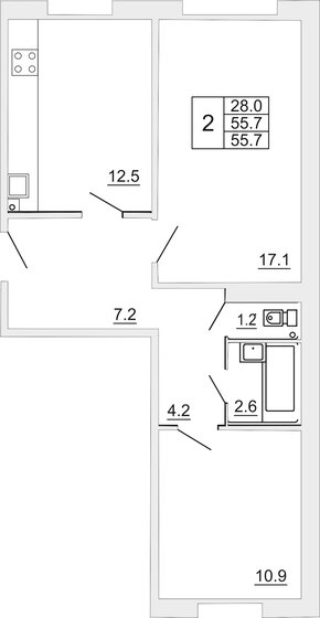 55,7 м², 2-комнатная квартира 4 121 800 ₽ - изображение 1