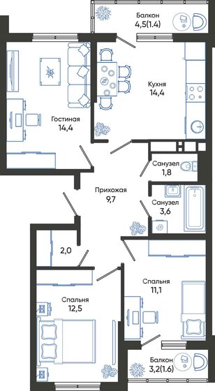 72,5 м², 3-комнатная квартира 11 266 500 ₽ - изображение 1