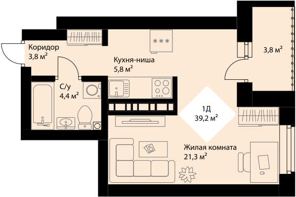 37,3 м², 1-комнатная квартира 6 341 000 ₽ - изображение 1