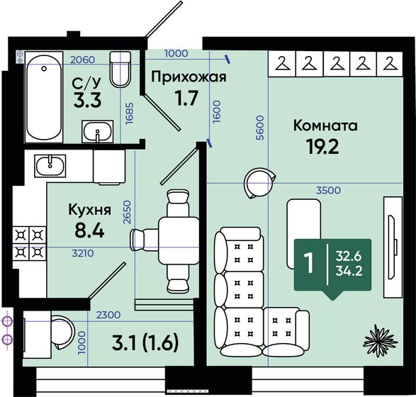 34,5 м², 1-комнатная квартира 3 553 500 ₽ - изображение 1