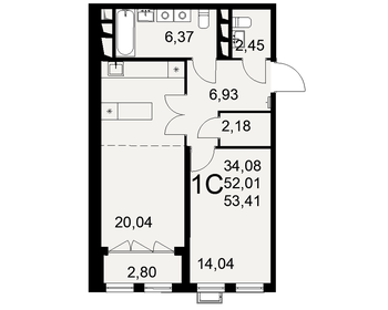 Квартира 53,4 м², 1-комнатная - изображение 1