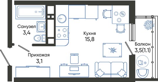 Квартира 23,4 м², студия - изображение 1