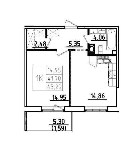43,3 м², 1-комнатная квартира 3 970 000 ₽ - изображение 1