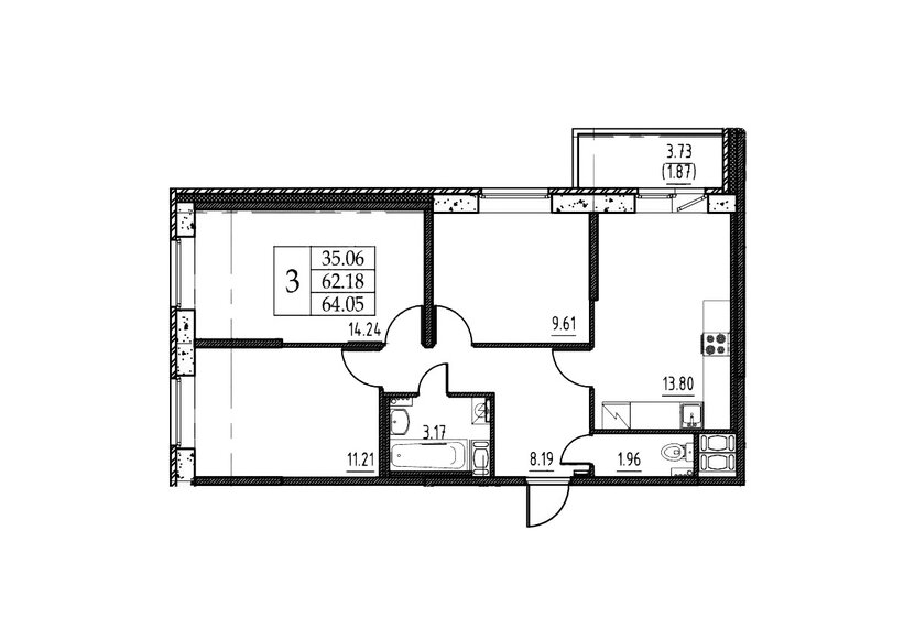 64,1 м², 3-комнатная квартира 5 850 000 ₽ - изображение 1