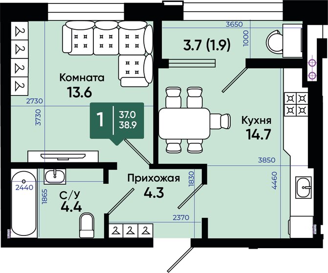 40 м², 1-комнатная квартира 4 120 000 ₽ - изображение 1