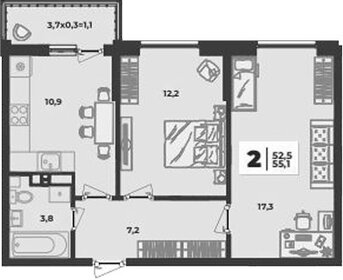 Квартира 55,1 м², 2-комнатная - изображение 1