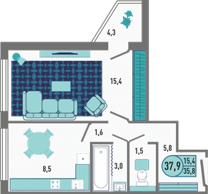 37 м², 1-комнатная квартира 3 300 000 ₽ - изображение 30