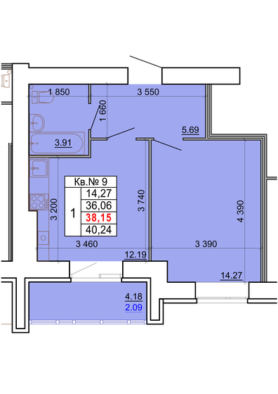 38,2 м², 1-комнатная квартира 4 959 500 ₽ - изображение 1