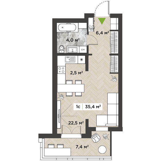 40,1 м², 1-комнатная квартира 15 203 000 ₽ - изображение 1