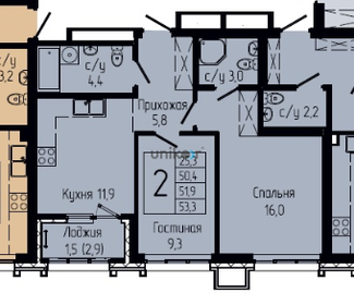 Квартира 53,3 м², 2-комнатная - изображение 2