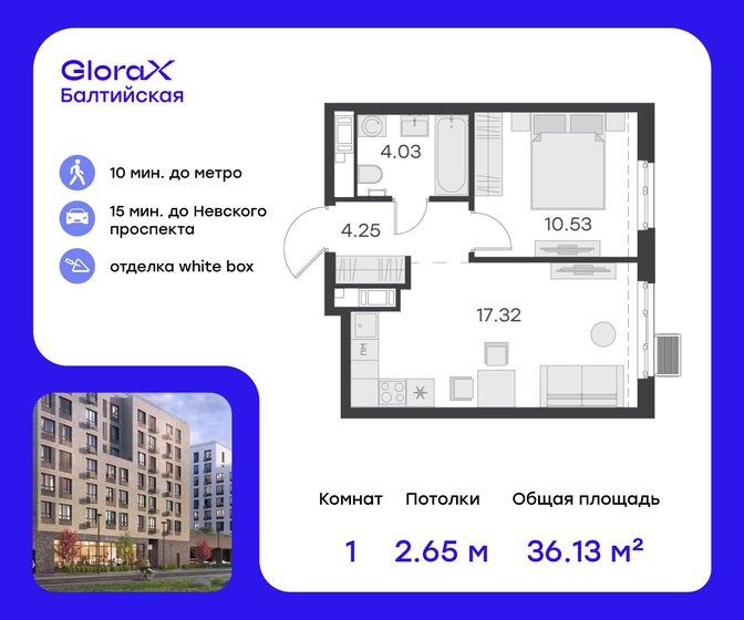 36,1 м², 1-комнатная квартира 12 559 999 ₽ - изображение 19