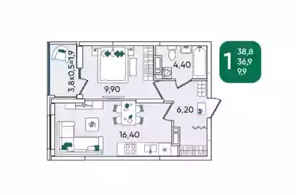 Квартира 38,5 м², 1-комнатная - изображение 1