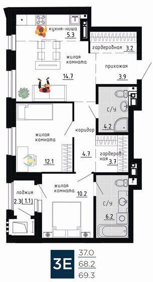 69,3 м², 3-комнатная квартира 15 182 105 ₽ - изображение 1