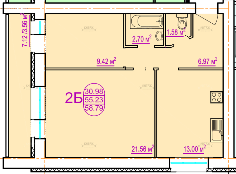 60,8 м², 2-комнатная квартира 5 350 000 ₽ - изображение 1