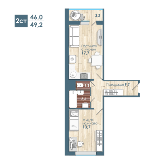 49,2 м², 2-комнатная квартира 5 240 000 ₽ - изображение 1