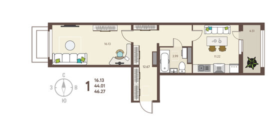 46,3 м², 1-комнатная квартира 5 089 700 ₽ - изображение 32