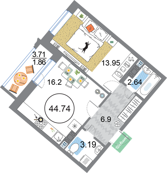 44,7 м², 1-комнатная квартира 12 482 460 ₽ - изображение 1