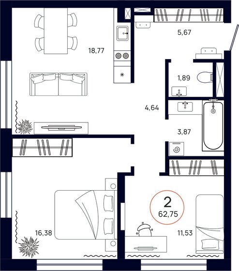 62,8 м², 2-комнатная квартира 7 642 000 ₽ - изображение 1