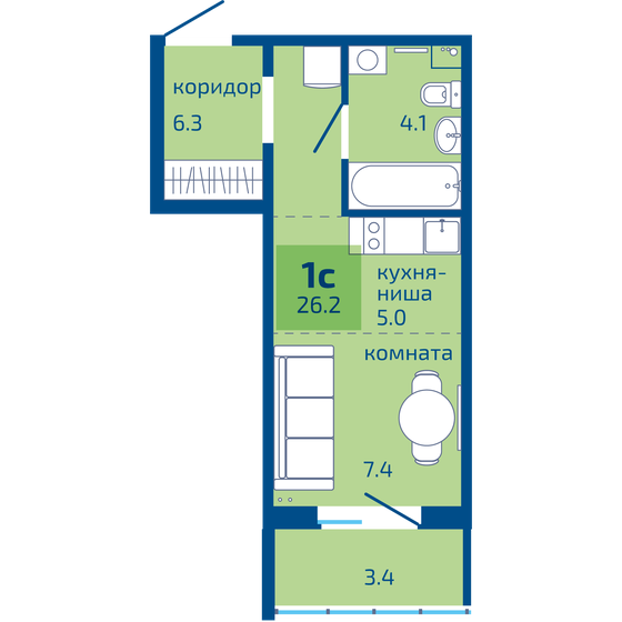 26,2 м², квартира-студия 3 380 000 ₽ - изображение 1