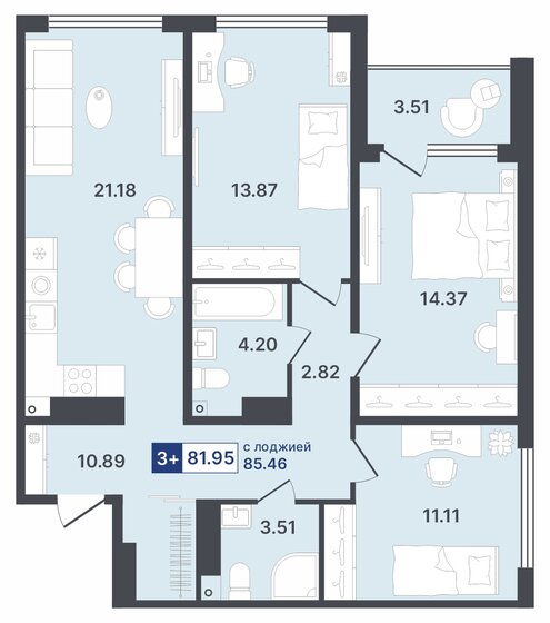 82 м², 3-комнатная квартира 9 830 000 ₽ - изображение 1