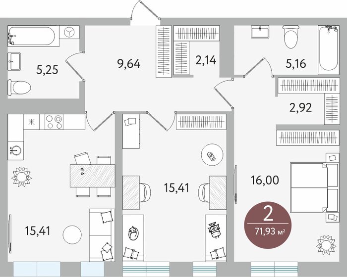 71,9 м², 2-комнатная квартира 14 090 000 ₽ - изображение 1