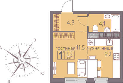 Квартира 29,1 м², студия - изображение 1